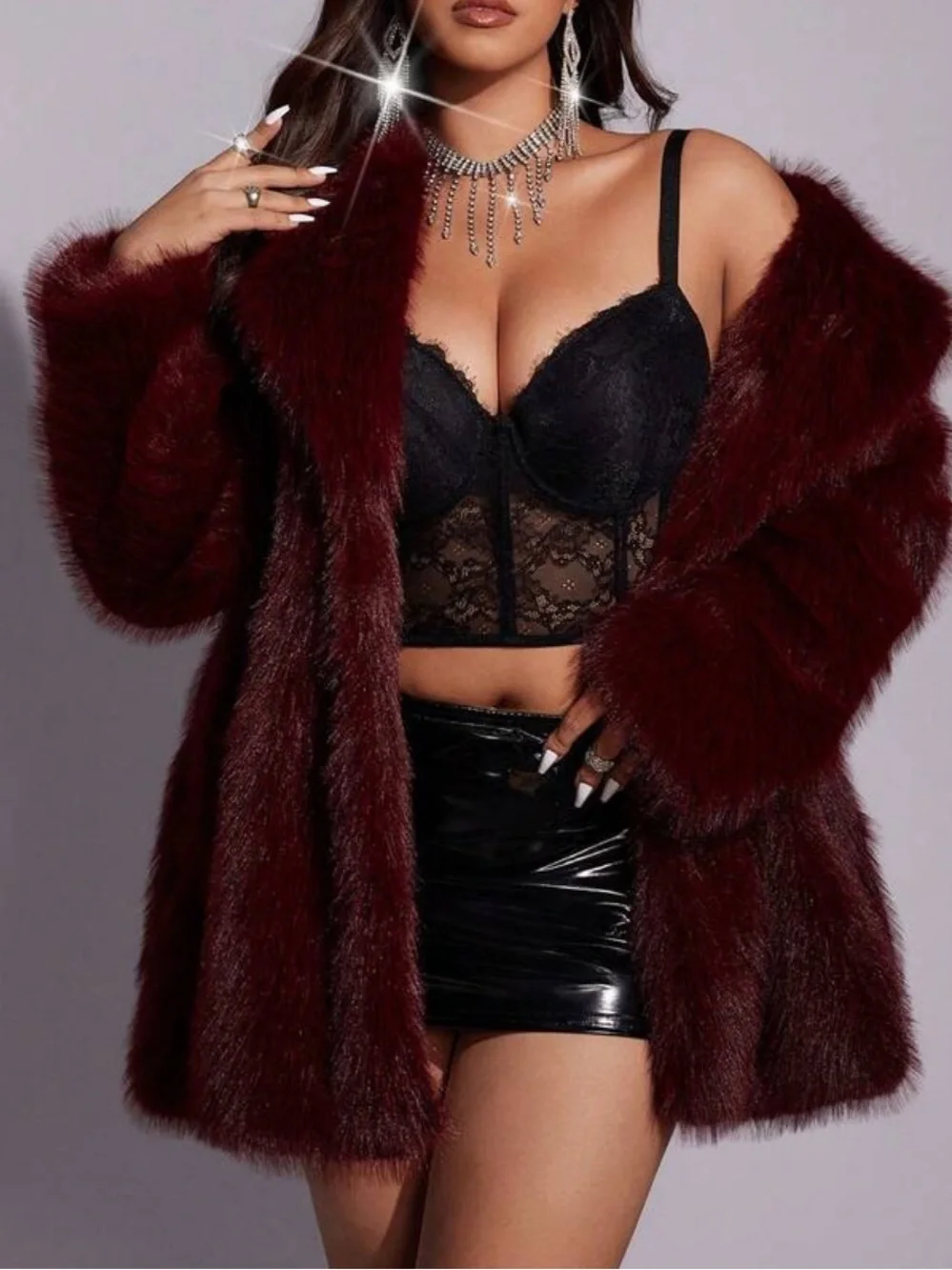 Luxe Classic Black Faux Fur Lapel Neck Open Front Coat Jacket New